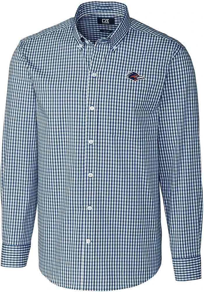 Cutter and Buck UTSA Roadrunners Mens Navy Blue Easy Care Gingham Long Sleeve Dress Shirt