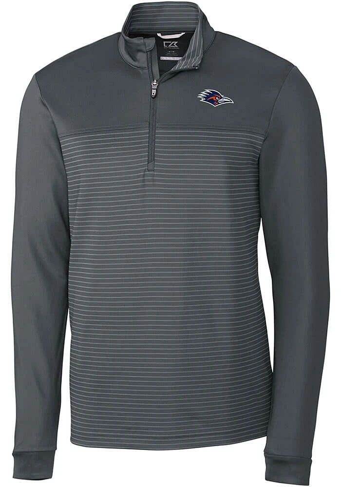 Cutter and Buck UTSA Roadrunners Mens Grey Traverse Stripe Stretch Long Sleeve Qtr Zip Pullover