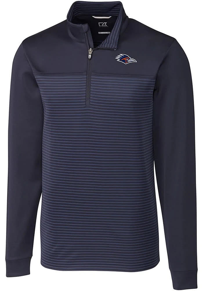 Cutter and Buck UTSA Roadrunners Mens Navy Blue Traverse Stripe Stretch Long Sleeve Qtr Zip Pullov..