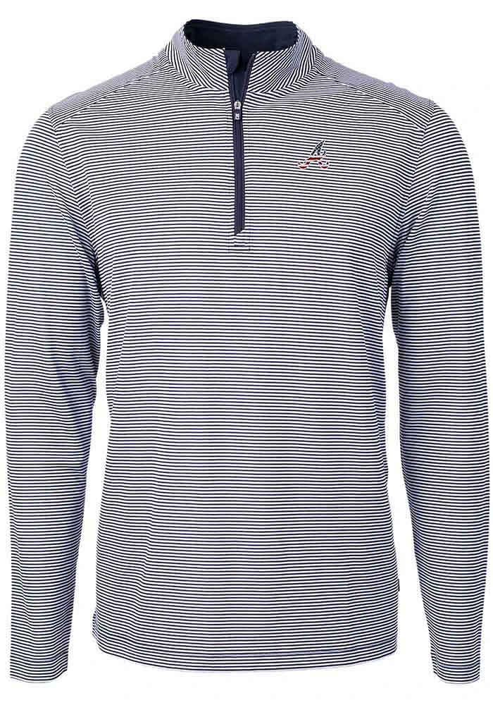 Cutter and Buck Atlanta Braves Mens Navy Blue Americana Virtue Eco Pique Stripe Big Tall Qtr Z..