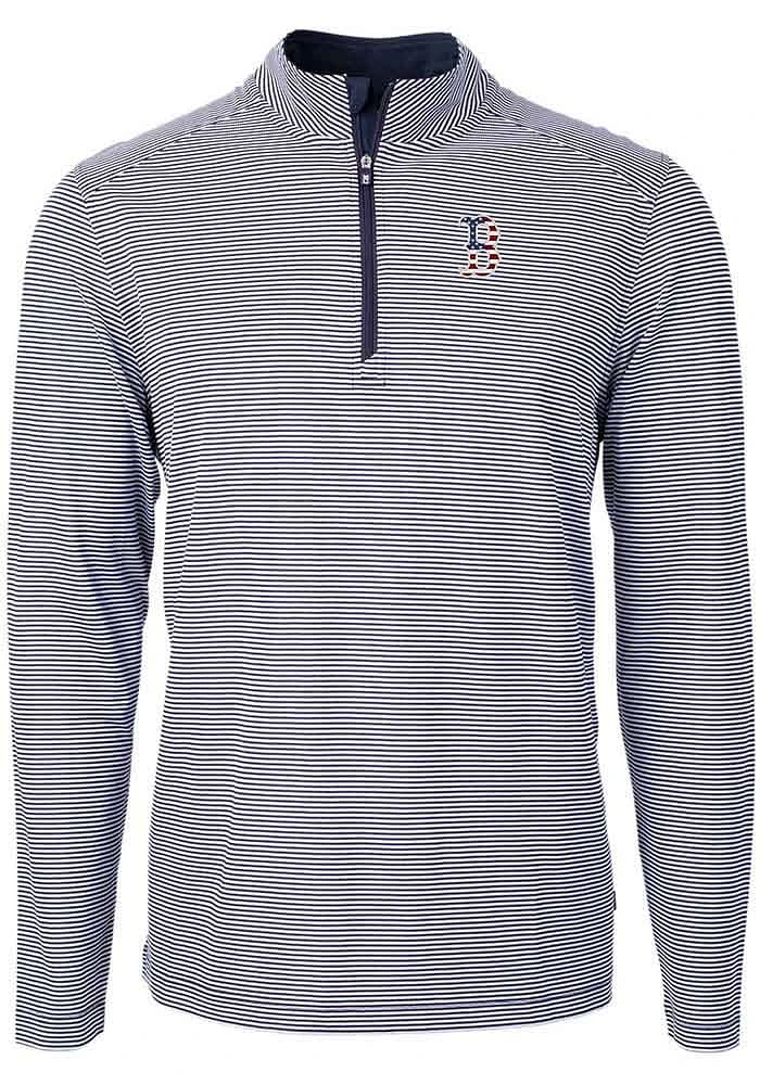 Cutter and Buck Boston Red Sox Mens Navy Blue Americana Virtue Eco Pique Stripe Big Tall Qtr Z..