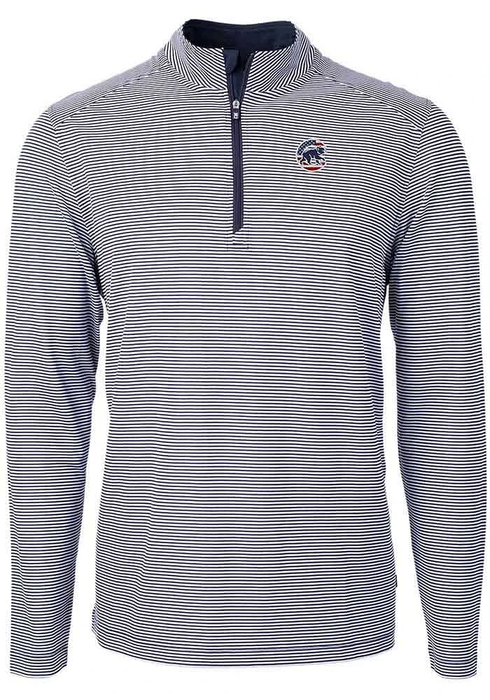 Cutter and Buck Chicago Cubs Mens Navy Blue Americana Virtue Eco Pique Stripe Big Tall Qtr Zip