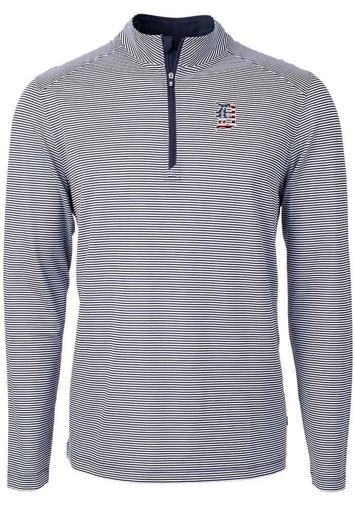 Cutter and Buck Detroit Tigers Mens Navy Blue Americana Virtue Eco Pique Stripe Big Tall Qtr Z..
