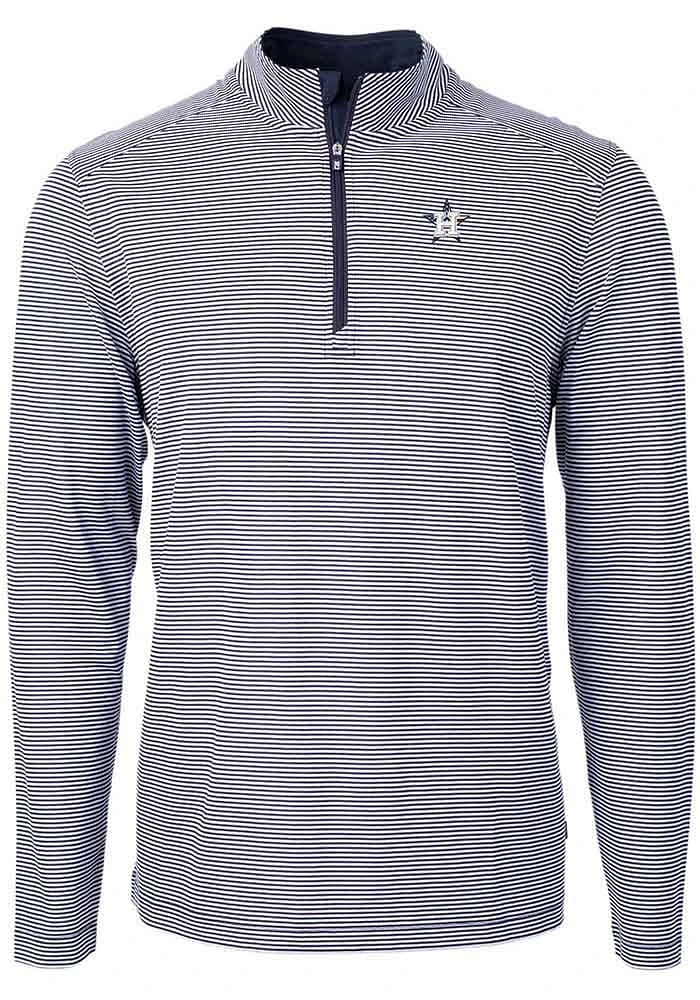 Cutter and Buck Houston Astros Mens Navy Blue Americana Virtue Eco Pique Stripe Big Tall Qtr Z..