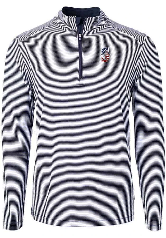 Cutter and Buck Seattle Mariners Mens Navy Blue Americana Virtue Eco Pique Stripe Big Tall Qtr..