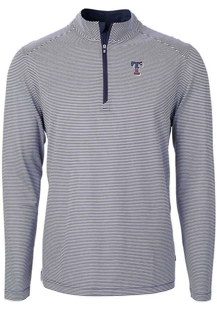 Cutter and Buck Texas Rangers Mens Navy Blue Americana Virtue Eco Pique Stripe Big Tall Qtr Zi..