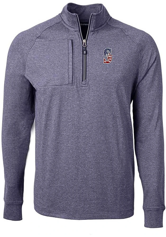 Cutter and Buck Seattle Mariners Mens Navy Blue Americana Adapt Eco Long Sleeve Qtr Zip Pullover