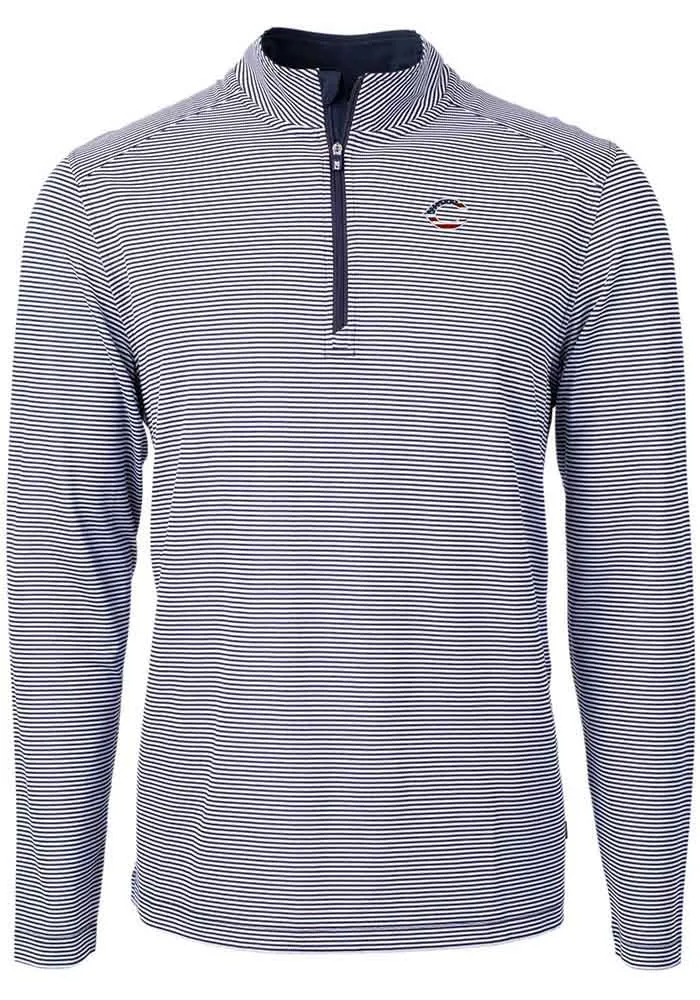 Cutter and Buck Cincinnati Reds Mens Navy Blue Virtue Eco Pique Micro Stripe Long Sleeve Qtr Zip..