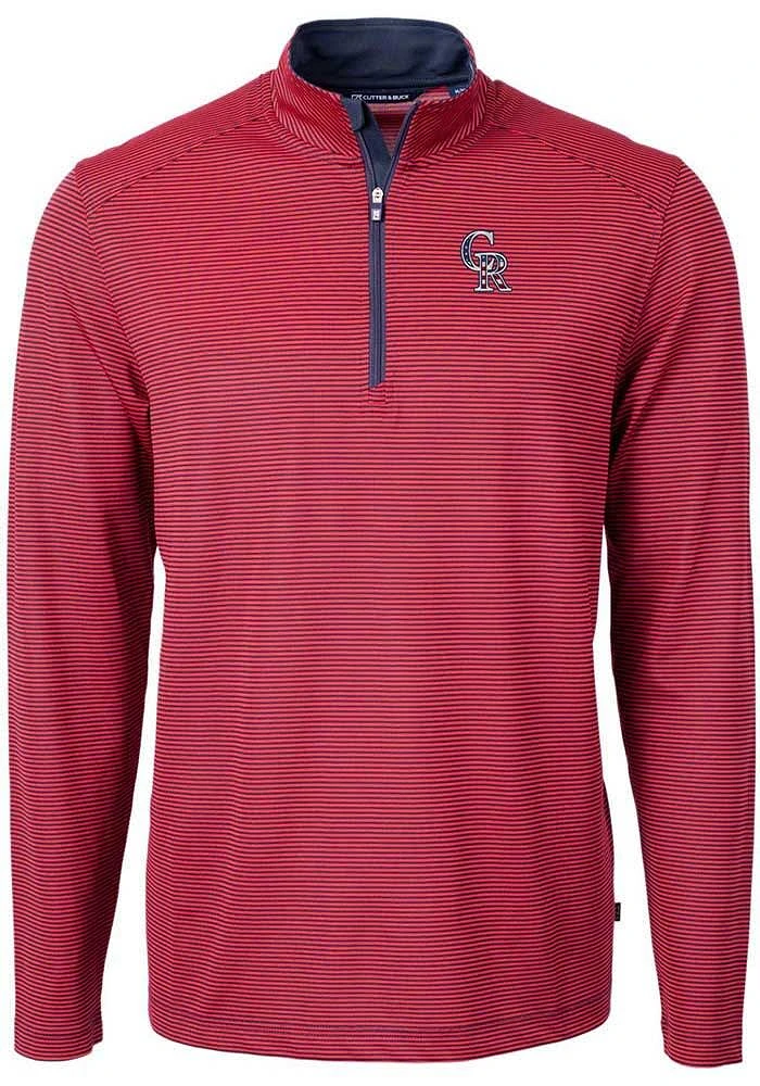 Cutter and Buck Colorado Rockies Mens Red Virtue Eco Pique Micro Stripe Long Sleeve Qtr Zip Pullov..