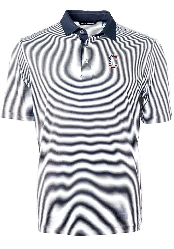 Cutter and Buck Cleveland Guardians Mens Navy Blue Virtue Eco Pique Micro Stripe Short Sleeve Po..