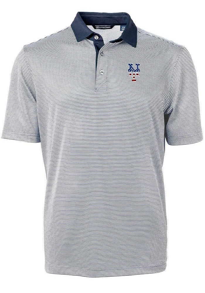 Cutter and Buck New York Mets Mens Navy Blue Virtue Eco Pique Micro Stripe Short Sleeve Polo
