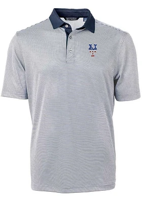 Cutter and Buck New York Mets Mens Navy Blue Virtue Eco Pique Micro Stripe Short Sleeve Polo