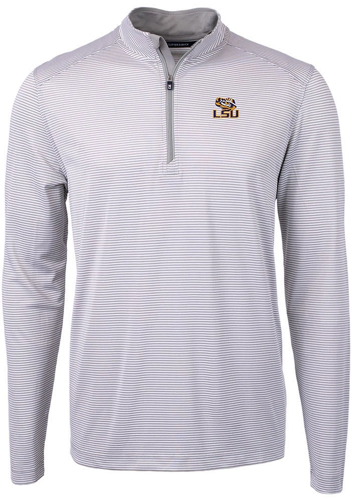 Cutter and Buck LSU Tigers Mens Grey Virtue Eco Pique Stripe Big Tall Qtr Zip