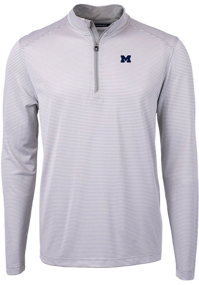 Cutter and Buck Michigan Wolverines Mens Grey Virtue Eco Pique Stripe Big Tall Qtr Zip