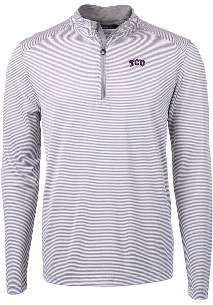 Cutter and Buck TCU Horned Frogs Mens Grey Virtue Eco Pique Stripe Big Tall Qtr Zip