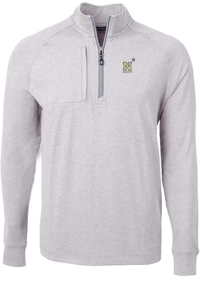 Cutter and Buck Navy Midshipmen Mens Grey Adapt Eco Knit Long Sleeve Qtr Zip Pullover