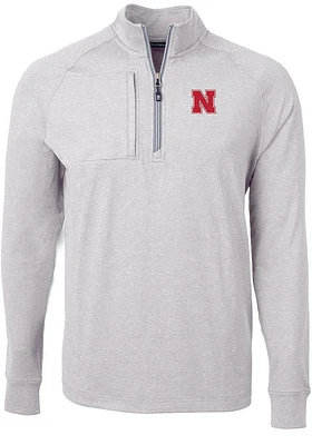 Cutter and Buck Nebraska Cornhuskers Mens Grey Adapt Eco Knit Long Sleeve Qtr Zip Pullover