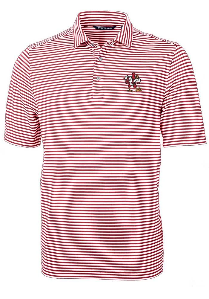 Cutter and Buck Louisville Cardinals Mens Red Virtue Eco Pique Stripe Version Short Sleeve Polo