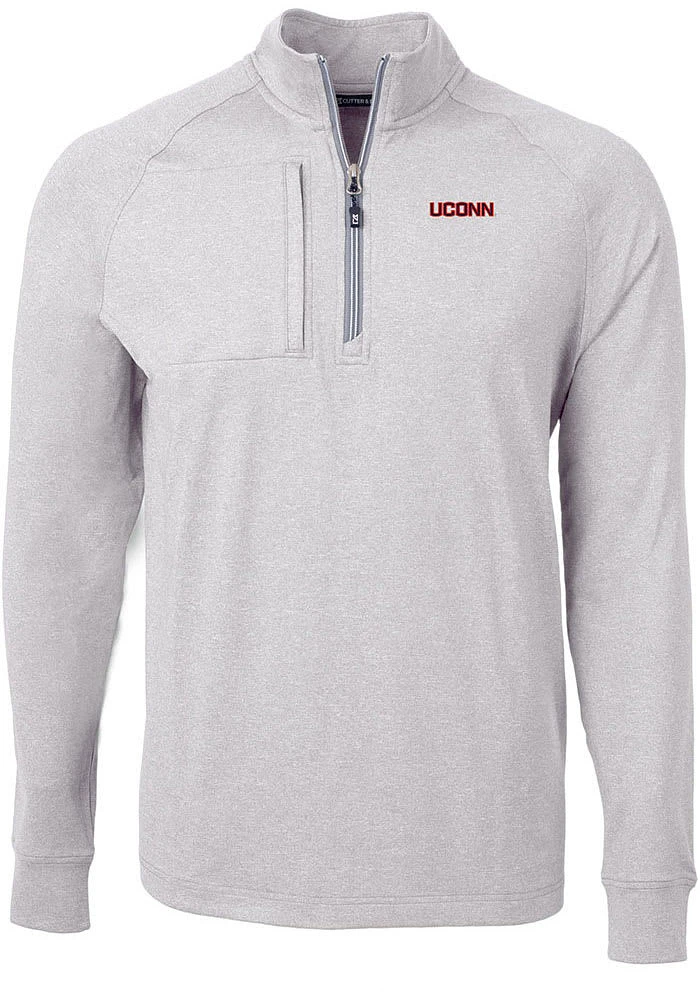 Cutter and Buck UConn Huskies Mens Grey Wordmark Adapt Eco Long Sleeve Qtr Zip Pullover