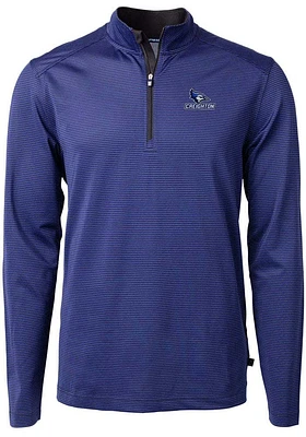 Cutter and Buck Creighton Bluejays Mens Blue Virtue Eco Pique Micro Stripe Long Sleeve Qtr Zip Pul..