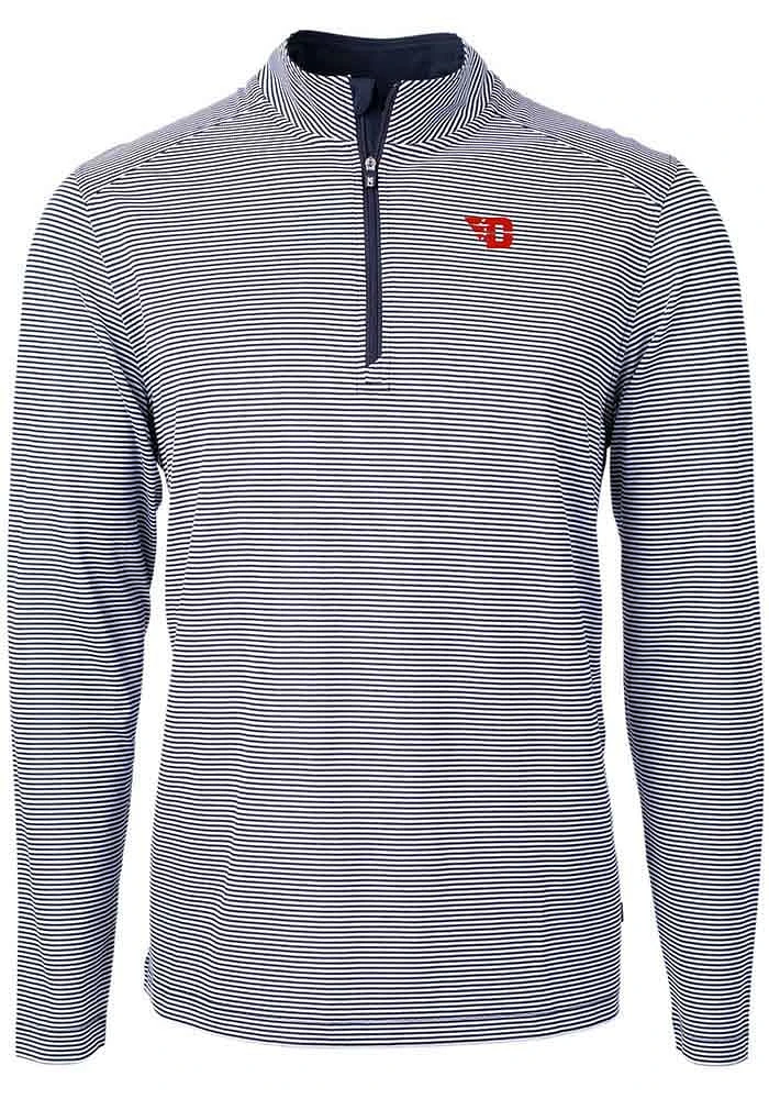 Cutter and Buck Dayton Flyers Mens Navy Blue Virtue Eco Pique Micro Stripe Long Sleeve Qtr Zip Pul..