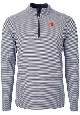 Cutter and Buck Dayton Flyers Mens Navy Blue Virtue Eco Pique Micro Stripe Long Sleeve Qtr Zip P..