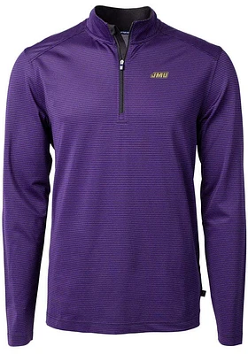 Cutter and Buck James Madison Dukes Mens Purple Virtue Eco Pique Micro Stripe Long Sleeve Qtr Zi..