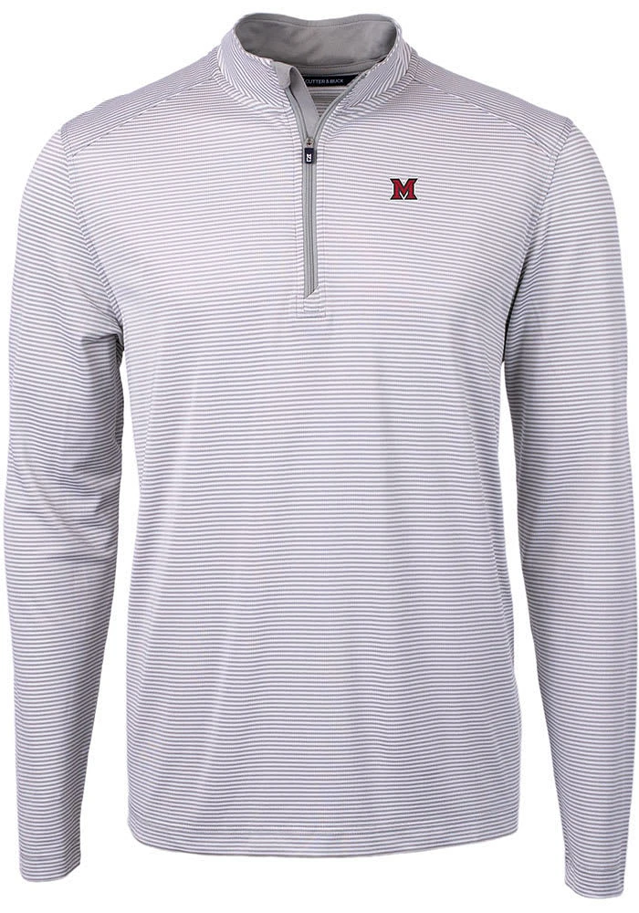 Cutter and Buck Miami RedHawks Mens Grey Virtue Eco Pique Micro Stripe Long Sleeve Qtr Zip Pullo..