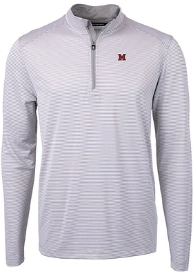 Cutter and Buck Miami RedHawks Mens Grey Virtue Eco Pique Micro Stripe Long Sleeve 1/4 Zip Pullo..