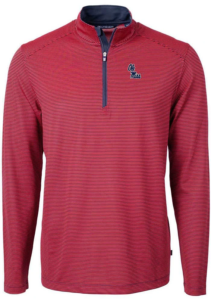 Cutter and Buck Ole Miss Rebels Mens Red Virtue Eco Pique Micro Stripe Long Sleeve Qtr Zip Pullove..