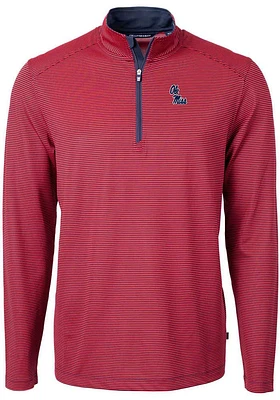 Cutter and Buck Ole Miss Rebels Mens Red Virtue Eco Pique Micro Stripe Long Sleeve Qtr Zip Pullove..