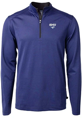Cutter and Buck SMU Mustangs Mens Blue Virtue Eco Pique Micro Stripe Long Sleeve Qtr Zip Pullover