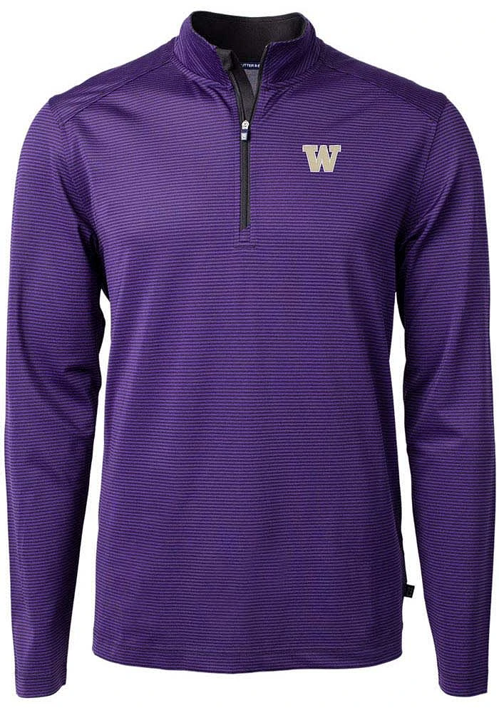 Mens Washington Huskies Purple Cutter and Buck Virtue Eco Pique Micro Stripe Qtr Zip Pullover