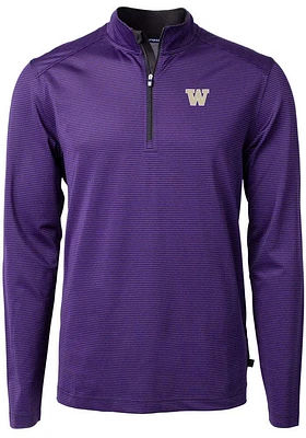 Mens Washington Huskies Purple Cutter and Buck Virtue Eco Pique Micro Stripe Qtr Zip Pullover
