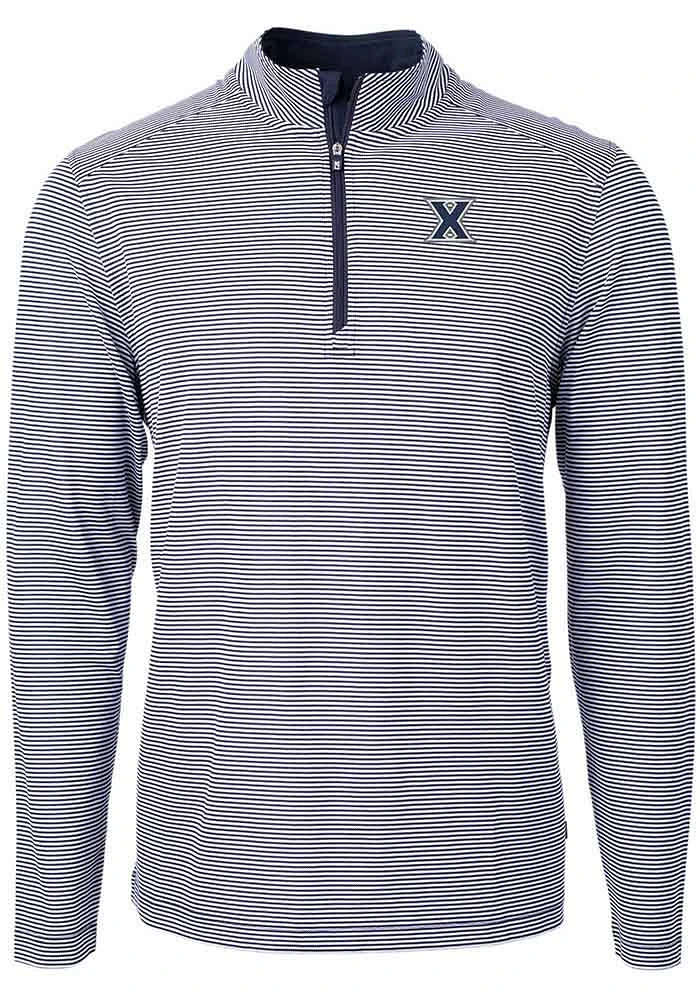 Cutter and Buck Xavier Musketeers Mens Navy Blue Virtue Eco Pique Micro Stripe Long Sleeve Qtr Z..