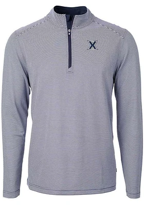 Cutter and Buck Xavier Musketeers Mens Navy Blue Virtue Eco Pique Micro Stripe Long Sleeve 1/4 Z..