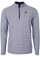 Cutter and Buck Xavier Musketeers Mens Navy Blue Virtue Eco Pique Micro Stripe Long Sleeve Qtr Z..