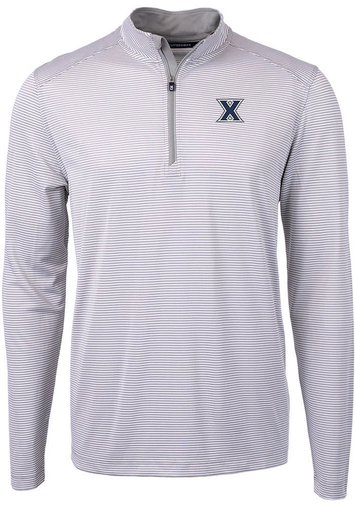 Cutter and Buck Xavier Musketeers Mens Grey Virtue Eco Pique Micro Stripe Long Sleeve Qtr Zip Pu..