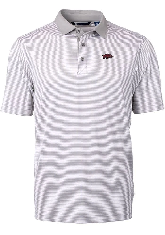 Cutter and Buck Arkansas Razorbacks Mens Grey Virtue Eco Pique Micro Stripe Short Sleeve Polo