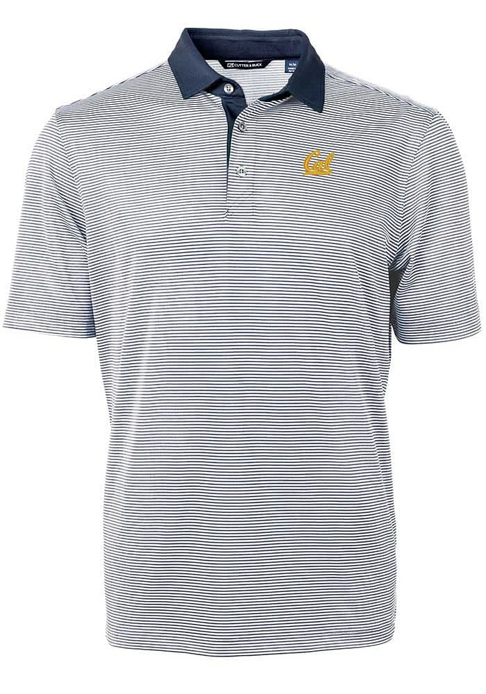 Cutter and Buck Cal Golden Bears Mens Navy Blue Virtue Eco Pique Micro Stripe Short Sleeve Polo