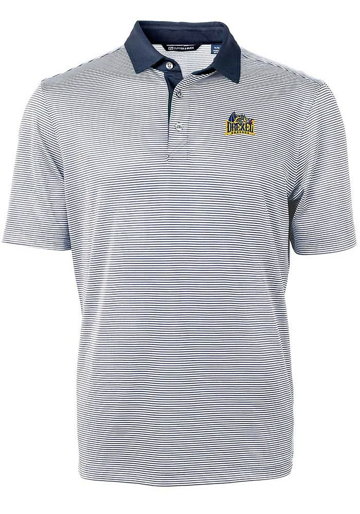Cutter and Buck Drexel Dragons Mens Navy Blue Virtue Eco Pique Micro Stripe Short Sleeve Polo