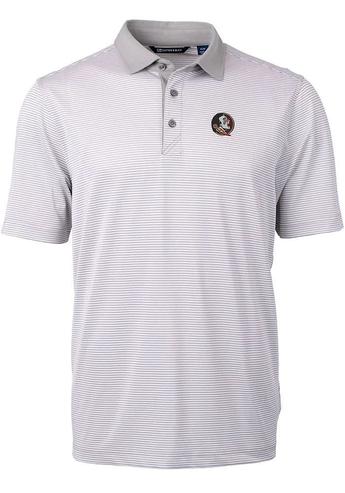 Cutter and Buck Florida State Seminoles Mens Grey Virtue Eco Pique Micro Stripe Short Sleeve Polo