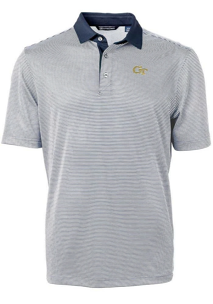 Cutter and Buck GA Tech Yellow Jackets Mens Navy Blue Virtue Eco Pique Micro Stripe Short Sleeve P..