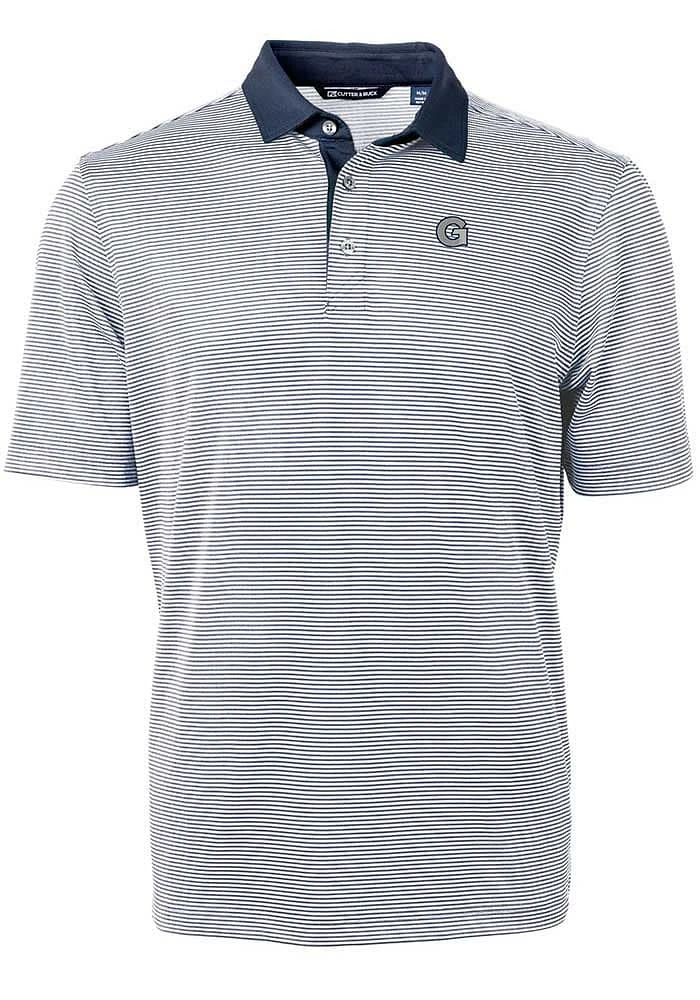 Cutter and Buck Georgetown Hoyas Mens Navy Blue Virtue Eco Pique Micro Stripe Short Sleeve Polo