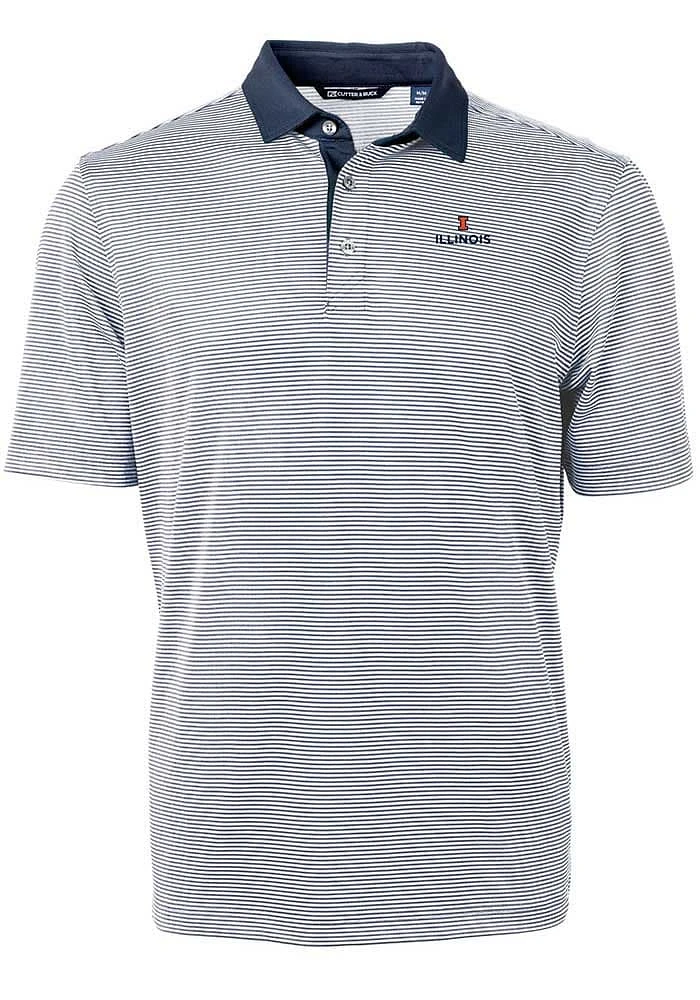 Mens Illinois Fighting Illini Navy Blue Cutter and Buck Virtue Eco Pique Micro Stripe Short Slee..