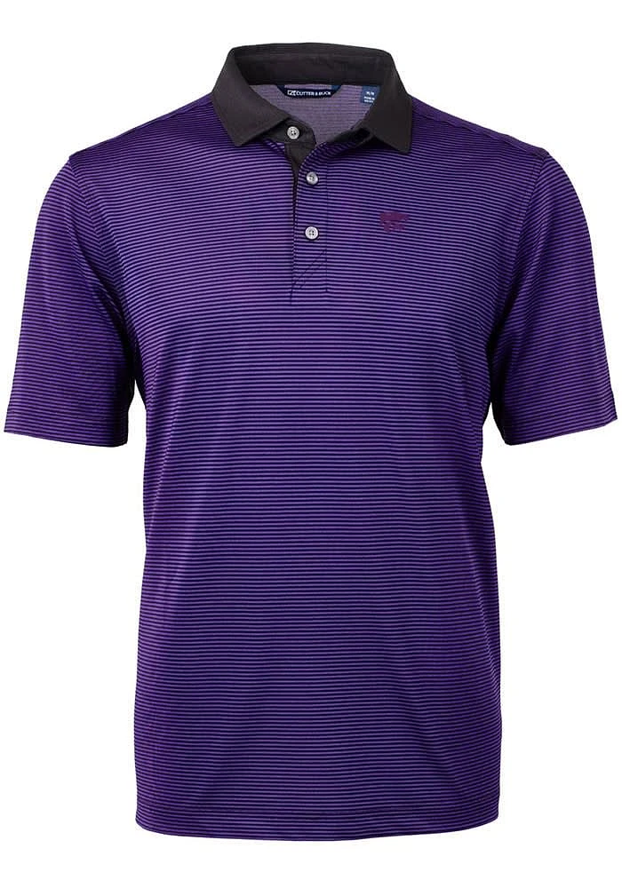 Mens K-State Wildcats Purple Cutter and Buck Virtue Eco Pique Micro Stripe Short Sleeve Polo Shi..