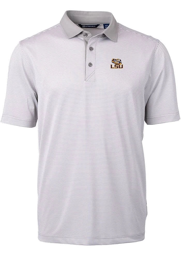 Cutter and Buck LSU Tigers Mens Grey Virtue Eco Pique Micro Stripe Short Sleeve Polo