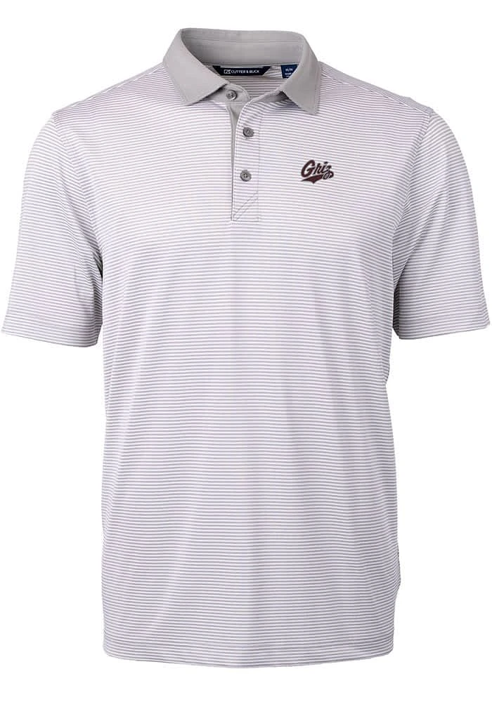 Cutter and Buck Montana Grizzlies Mens Grey Virtue Eco Pique Micro Stripe Short Sleeve Polo