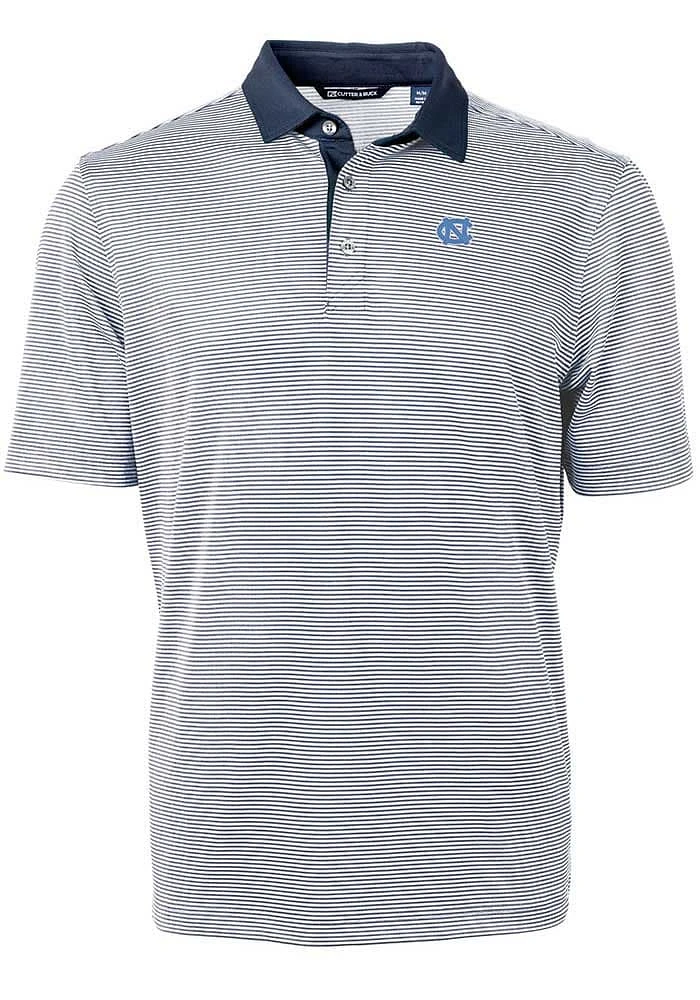 Cutter and Buck North Carolina Tar Heels Mens Navy Blue Virtue Eco Pique Micro Stripe Short Sleeve..