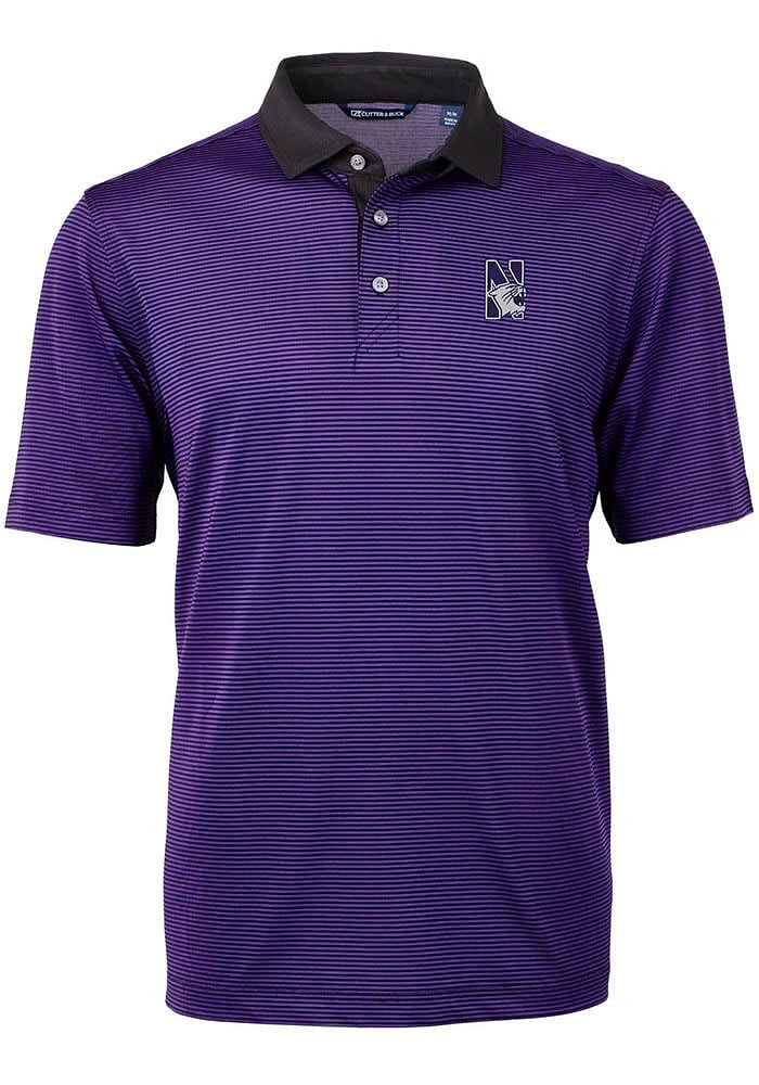 Mens Northwestern Wildcats Purple Cutter and Buck Virtue Eco Pique Micro Stripe Short Sleeve Pol..